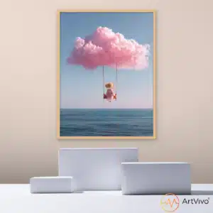 Cuadro decorativo surrealista Swing: niña en un columpio colgado de una nube rosada sobre el mar, ArtVivo