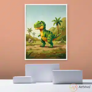 Cuadro decorativo infantil de dinosaurio T-Rex entre palmeras, ArtVivo