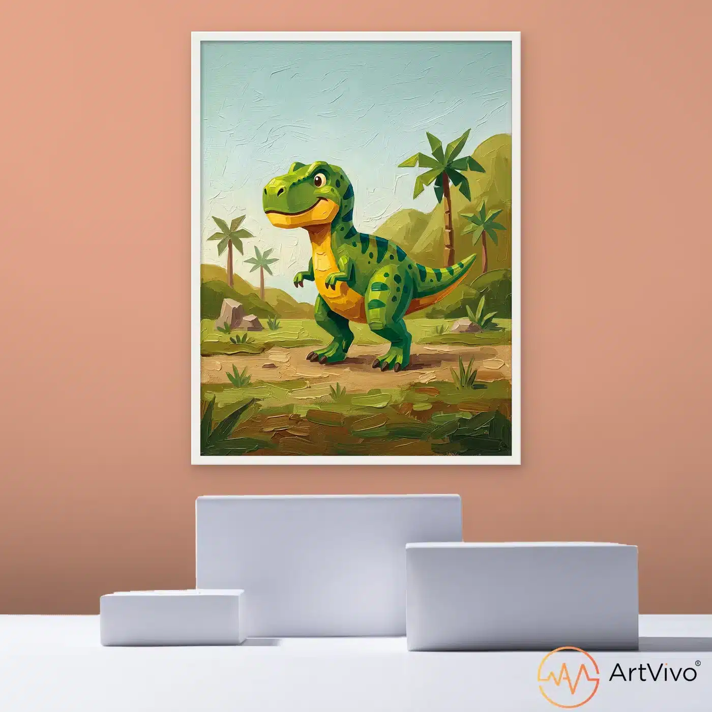 Cuadro decorativo infantil de dinosaurio T-Rex entre palmeras, ArtVivo