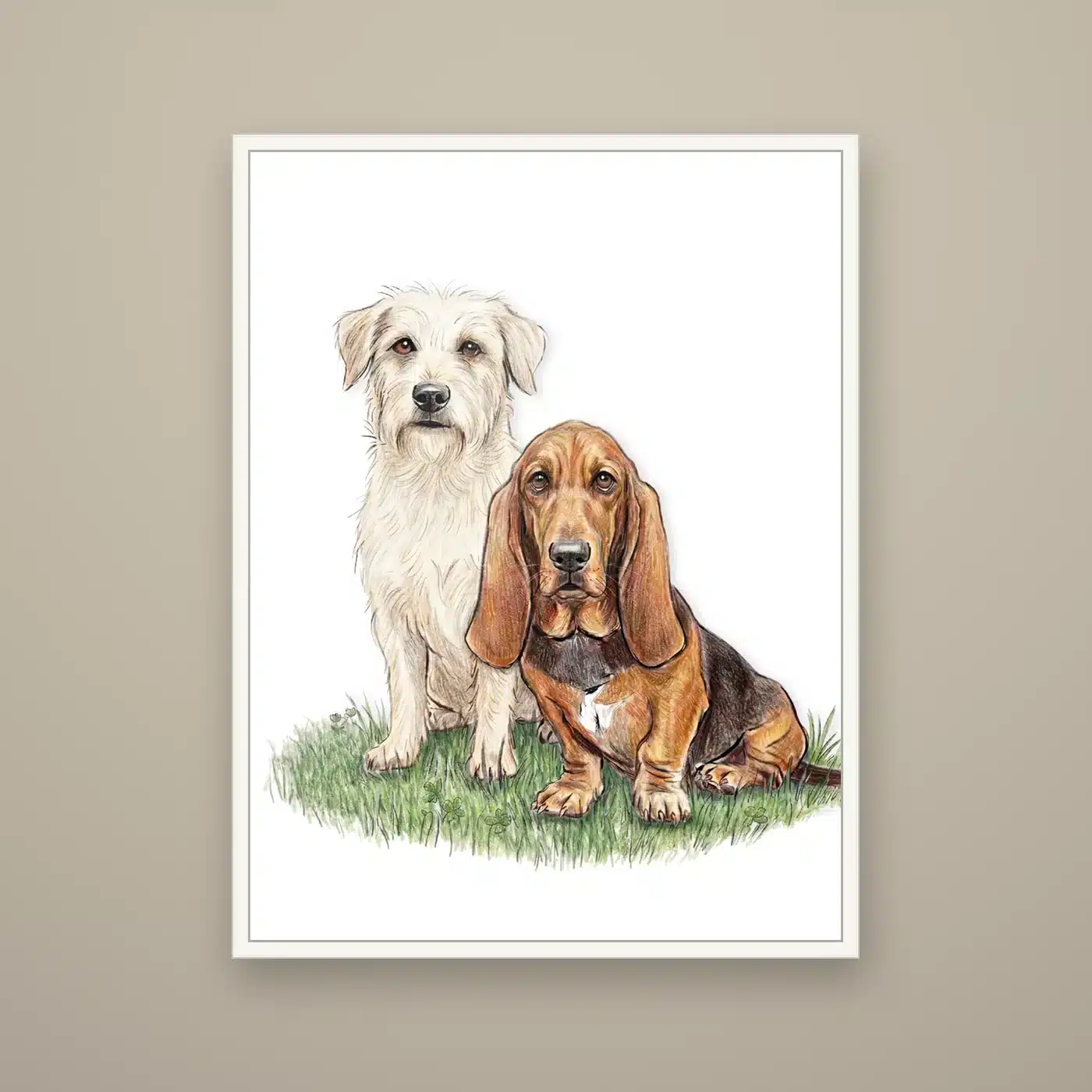 Cuadro personalizado de dos perros en ilustración de color con marco blanco