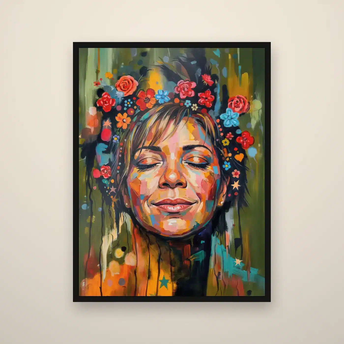Cuadro personalizado de homenaje: retrato en pintura con flores y marco negro