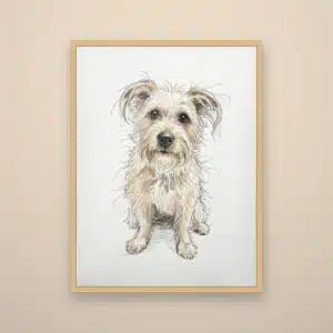 Cuadro personalizado de perro en dibujo a lápiz con marco de pino
