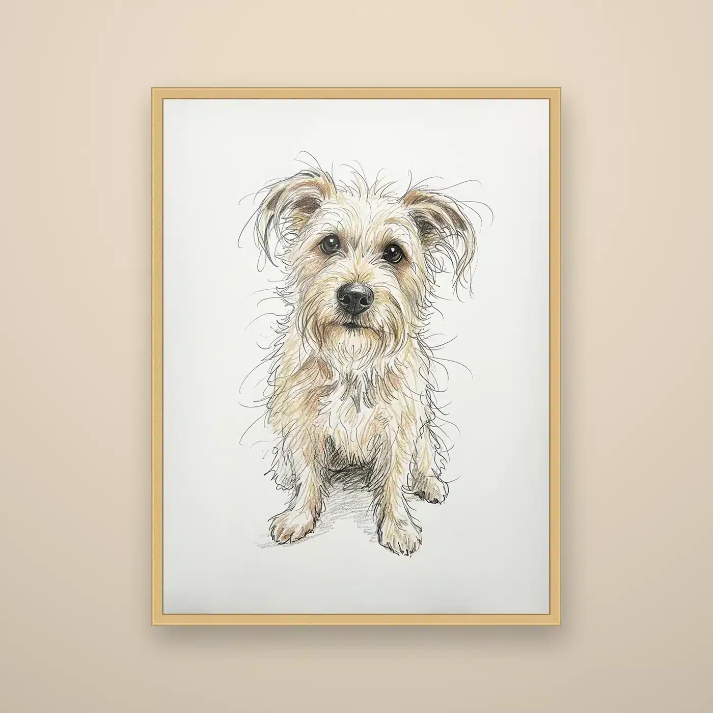 Cuadro personalizado de perro en dibujo a lápiz de color con marco de pino