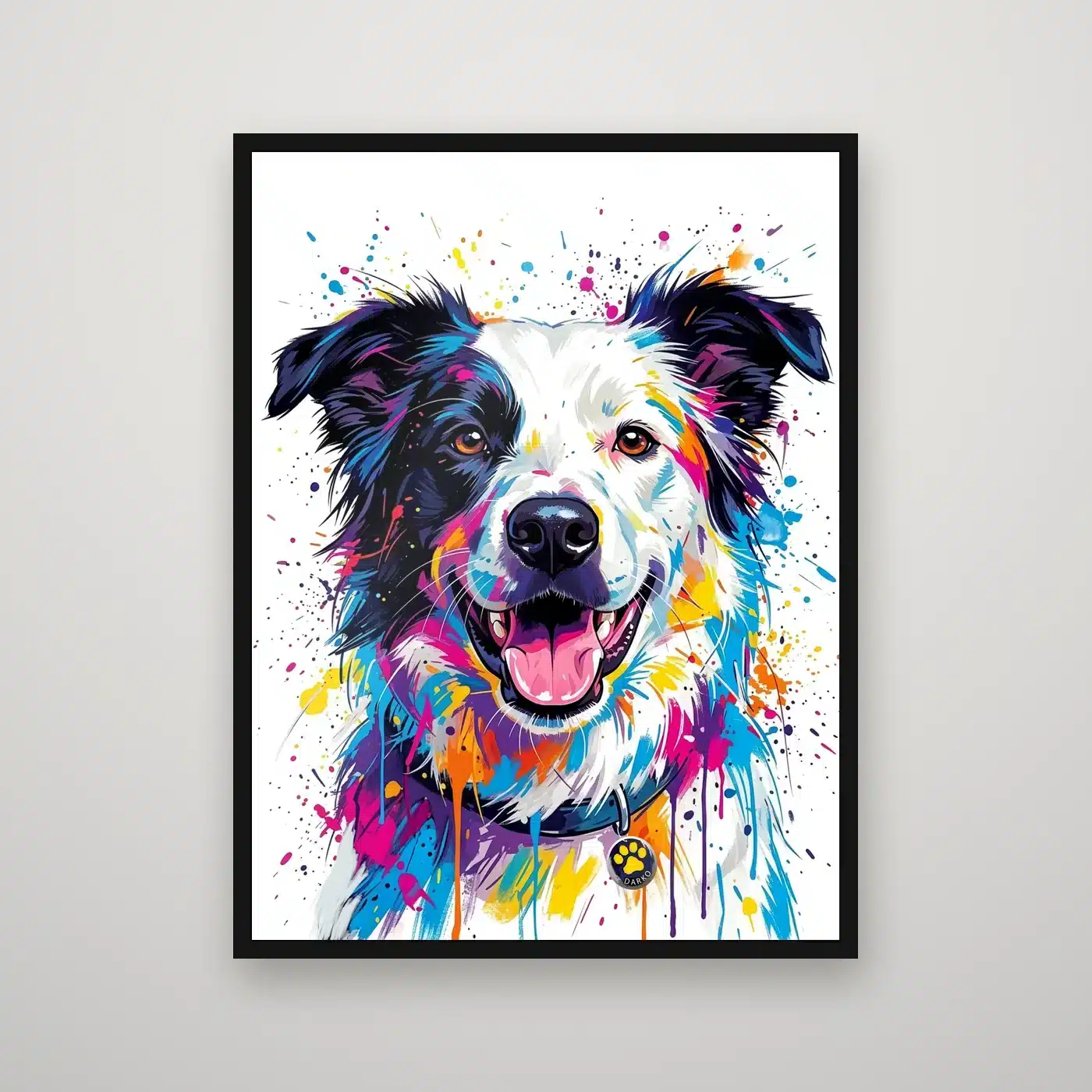 Cuadro personalizado de perro en estilo pop art colorido con marco negro