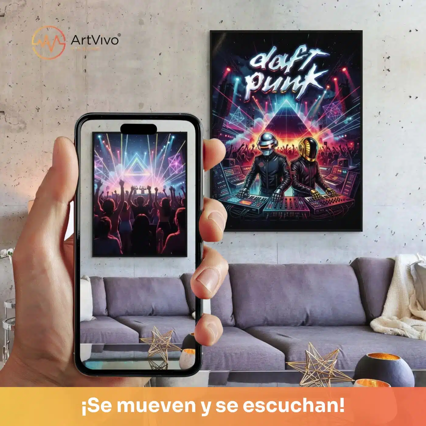 Cuadro decorativo animado Daft Punk: dos DJs con cascos futuristas frente a una pirámide de luz neón, quieto en la pared y cobrando vida en el celular con el QR