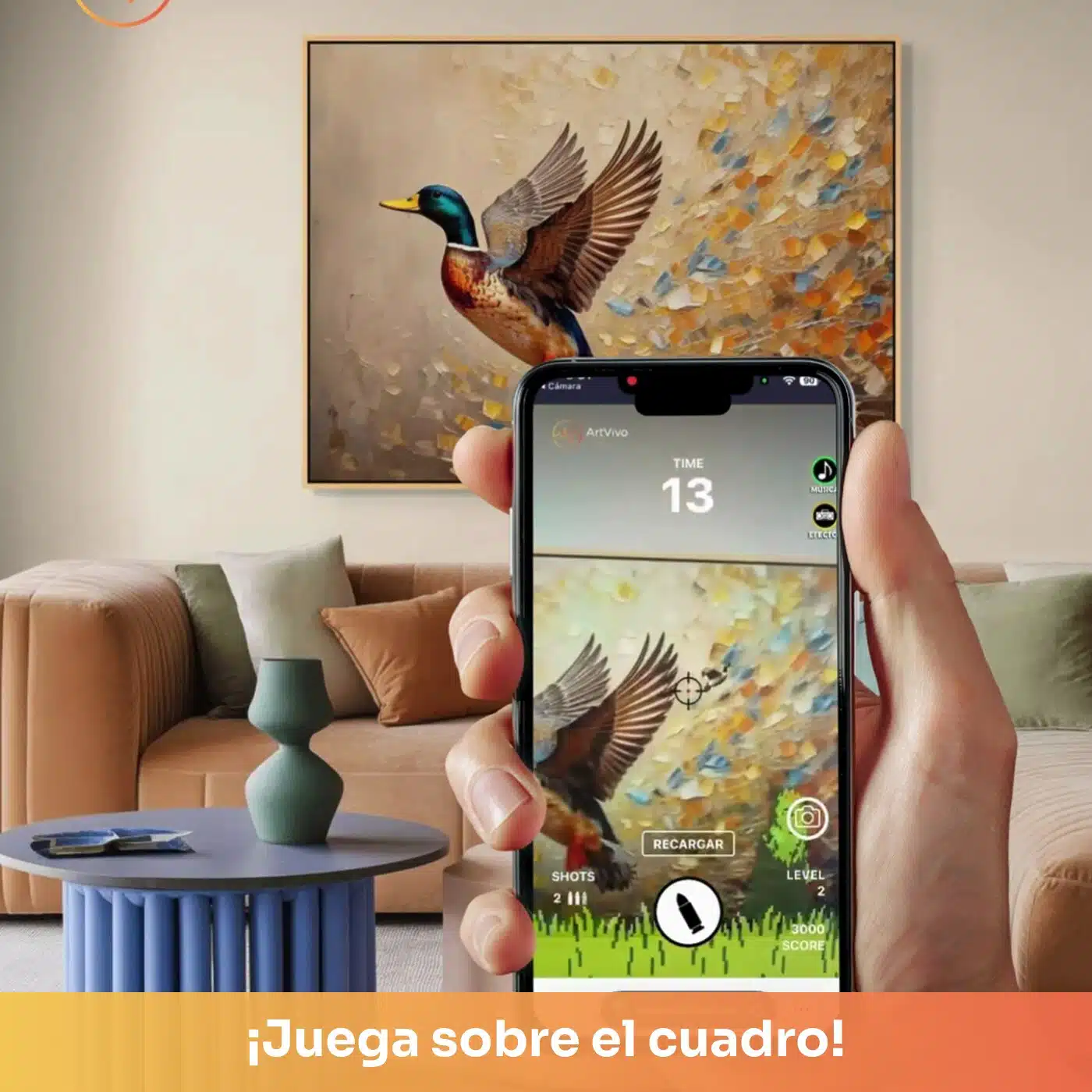 Cuadro decorativo interactivo Duck Hunt Dorado: pato salvaje en vuelo sobre una pintura al óleo dorada; en el celular se convierte en un juego al escanear el QR