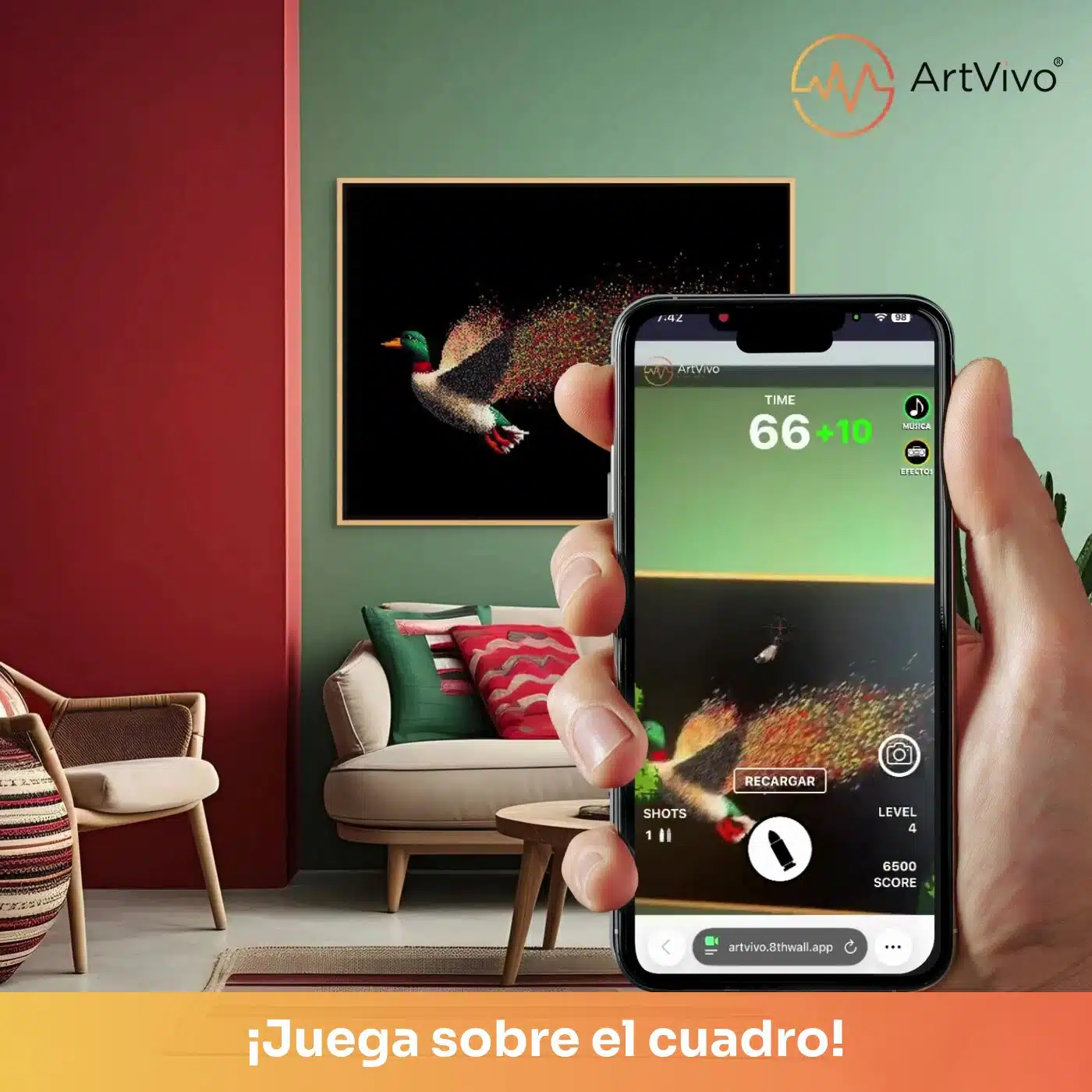 Cuadro decorativo interactivo Duck Hunt Pixel: pato salvaje que se deshace en píxeles sobre fondo negro; en el celular se convierte en un juego al escanear el QR