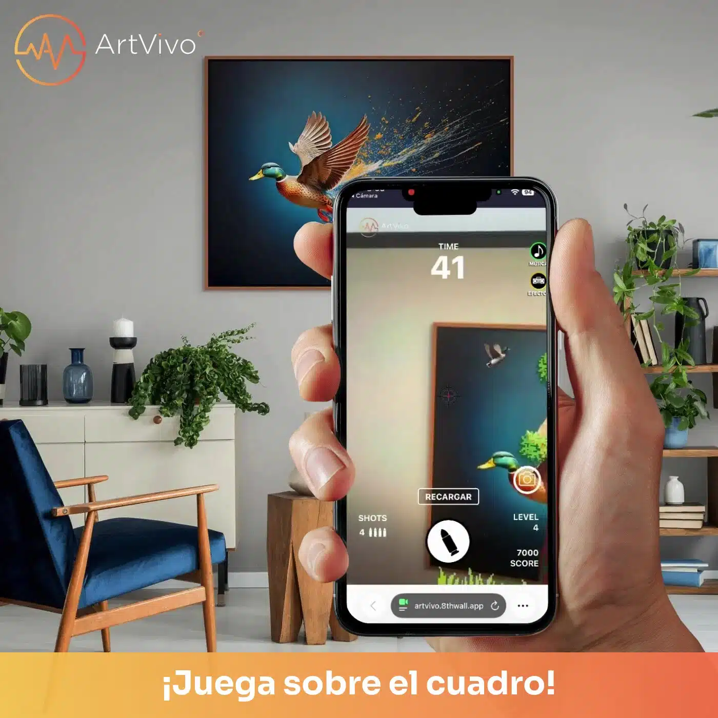 Cuadro decorativo interactivo Duck Hunt Splash: pato salvaje con salpicaduras de pintura sobre fondo azul oscuro; en el celular se convierte en un juego al escanear el QR