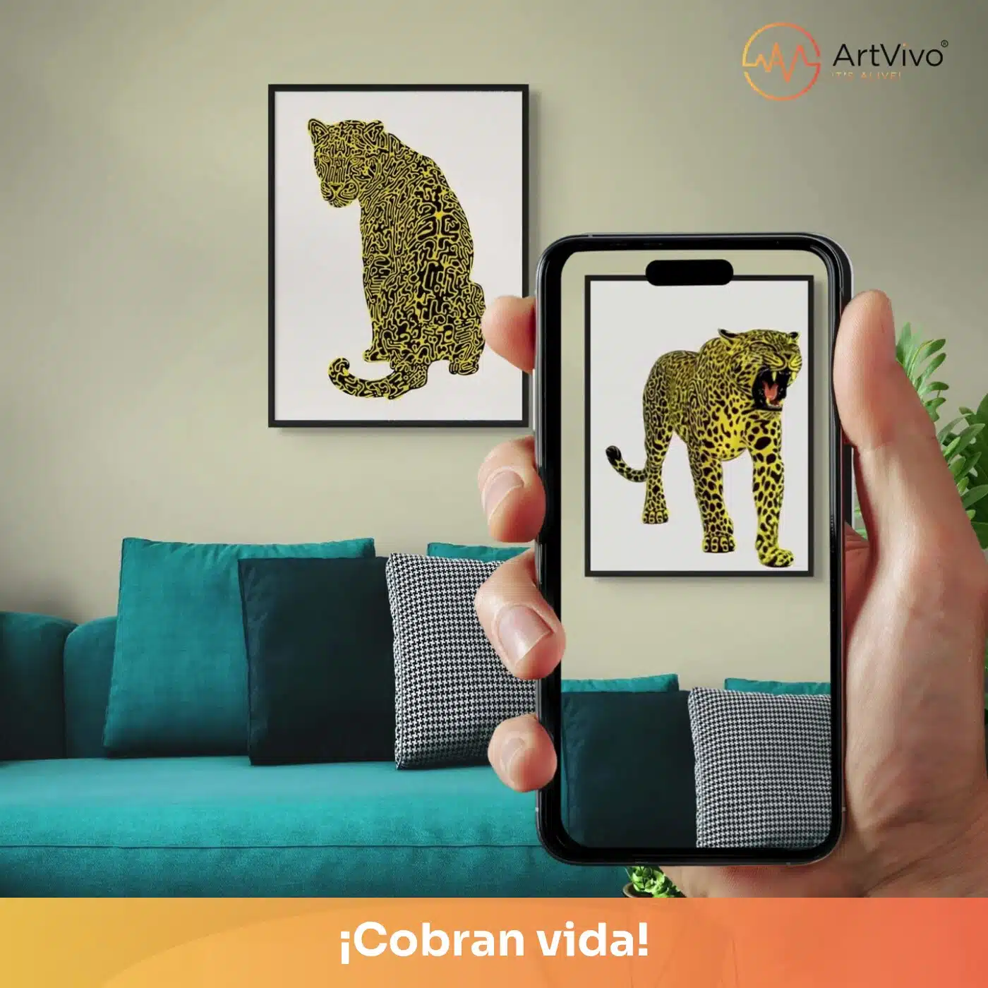 Cuadro decorativo animado El Jaguar: jaguar dorado de puntos sobre fondo blanco, quieto en la pared y cobrando vida en el celular con el QR