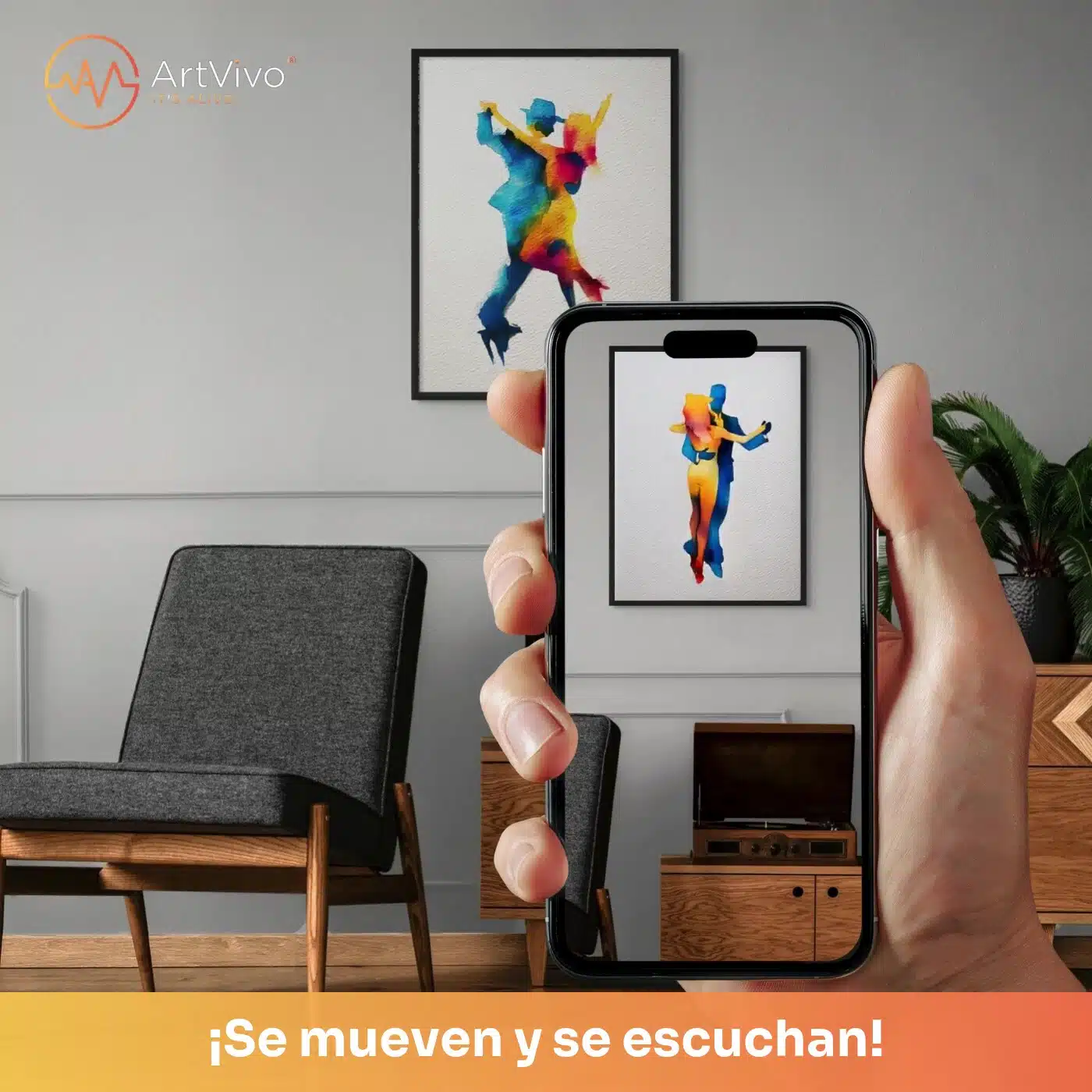Cuadro decorativo animado El Último Tango: pareja bailando tango en estilo acuarela, quieto en la pared y cobrando vida en el celular con el QR