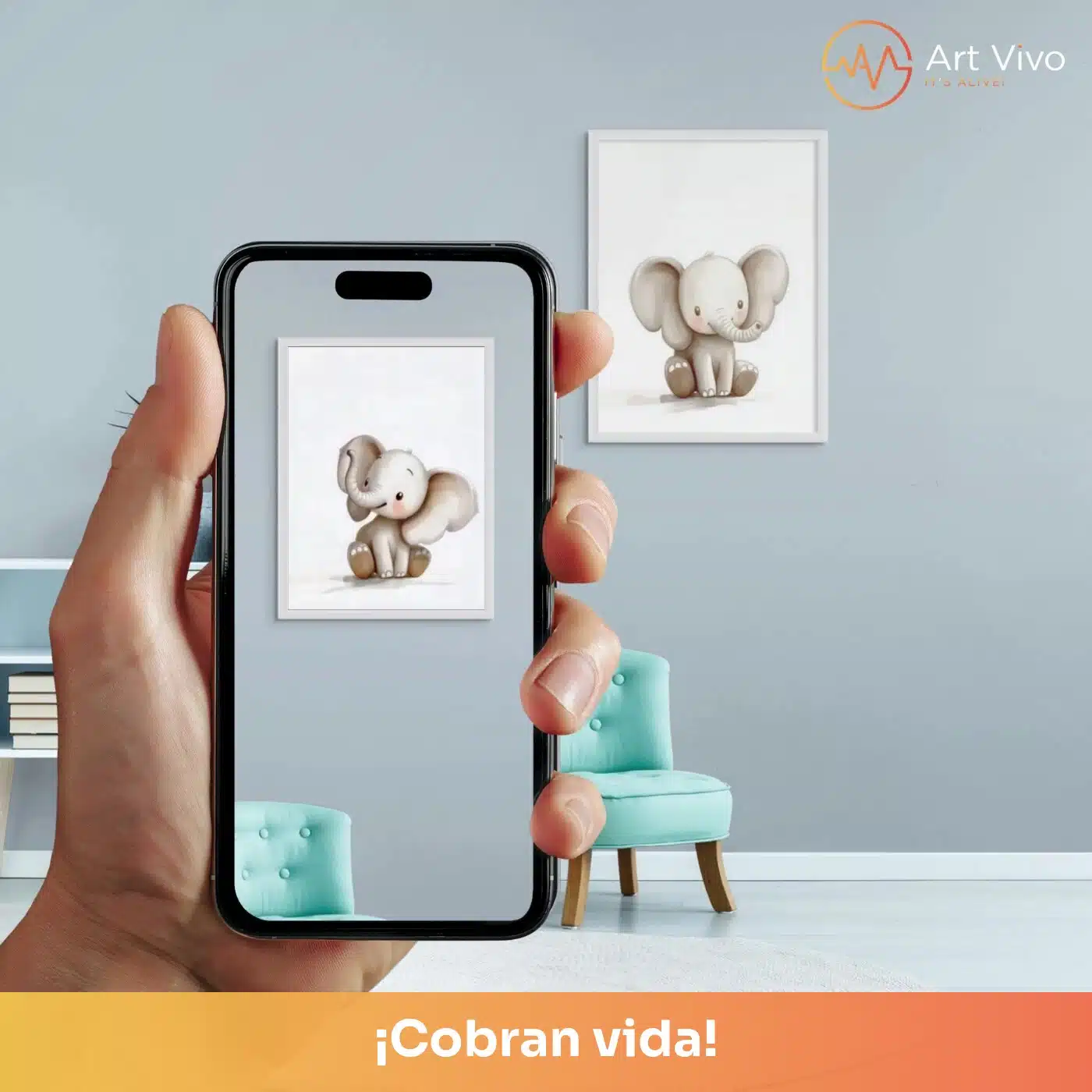 Cuadro decorativo animado Elefantito: elefante bebé ilustrado para cuarto de niños, quieto en la pared y cobrando vida en el celular con el QR