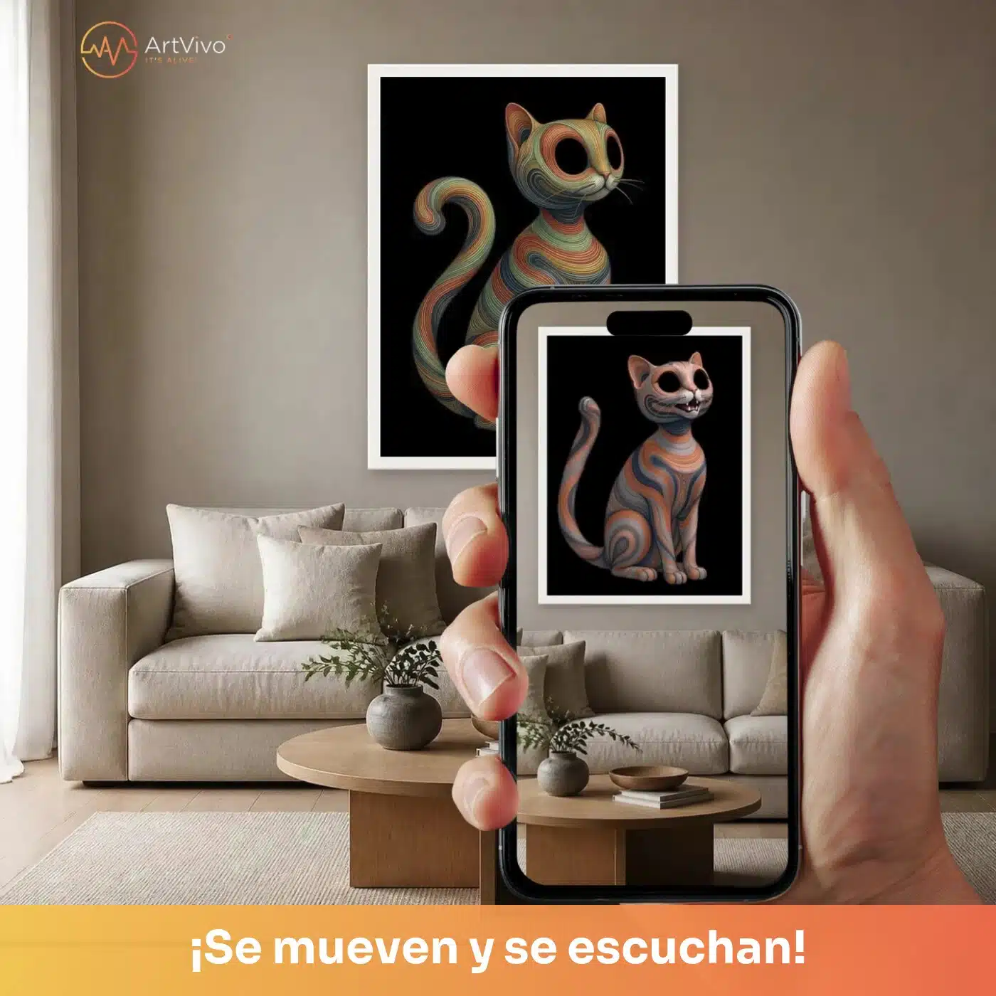 Cuadro decorativo animado Gato Multicolor: gato surrealista de grandes ojos sobre fondo negro, quieto en la pared y cobrando vida en el celular con el QR