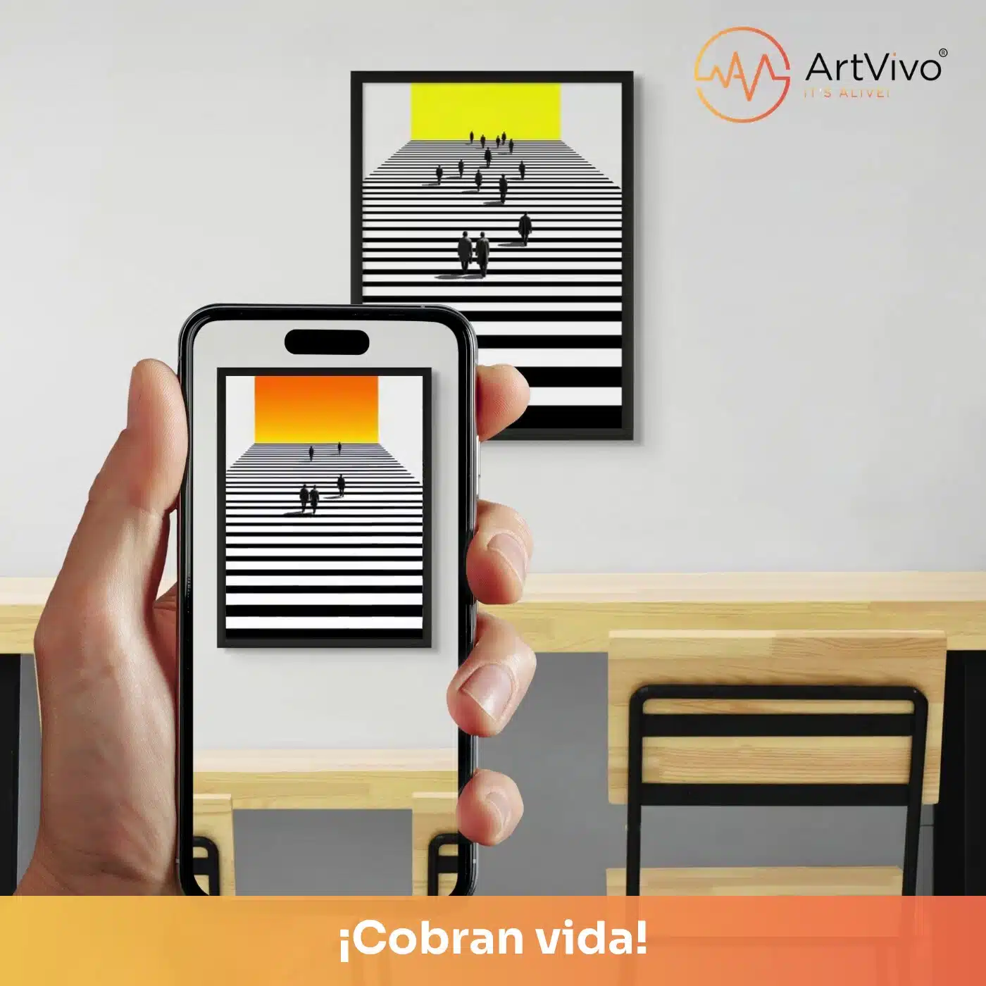 Cuadro decorativo animado Hacia la Luz: escalera de rayas con figuras caminando hacia la luz, arte minimalista, quieto en la pared y cobrando vida en el celular con el QR