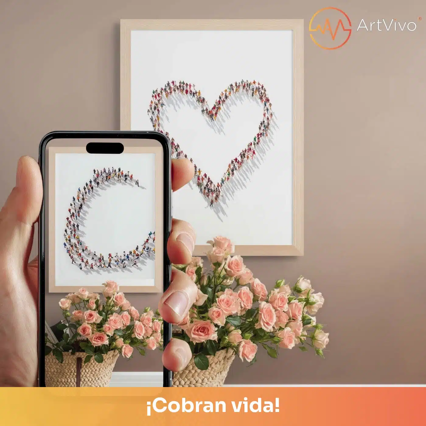 Cuadro decorativo animado L-O-V-E: corazón formado por una multitud de personas, arte minimalista, quieto en la pared y cobrando vida en el celular con el QR