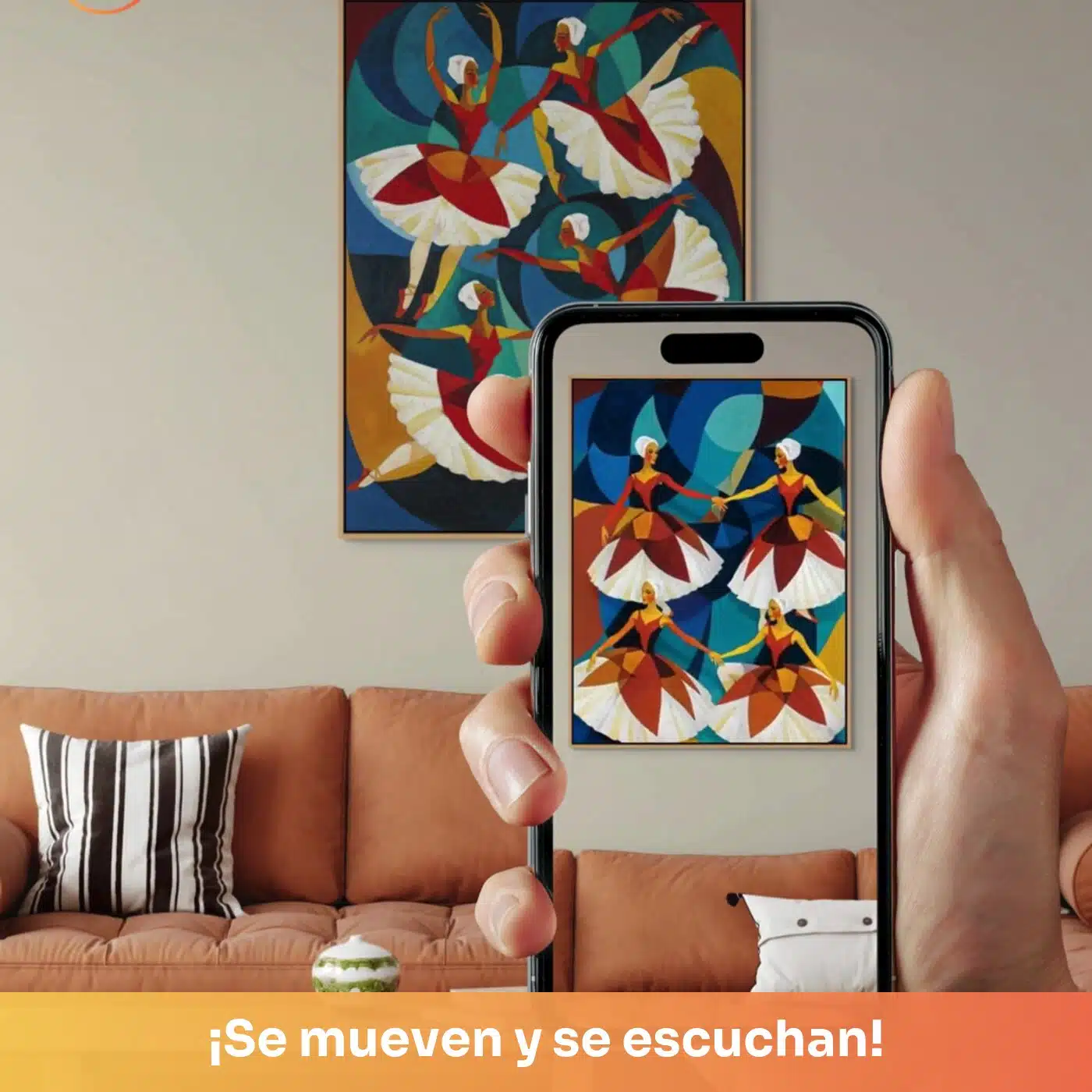 Cuadro decorativo animado La Danza: bailarinas en estilo cubista y colorido, quieto en la pared y cobrando vida en el celular con el QR
