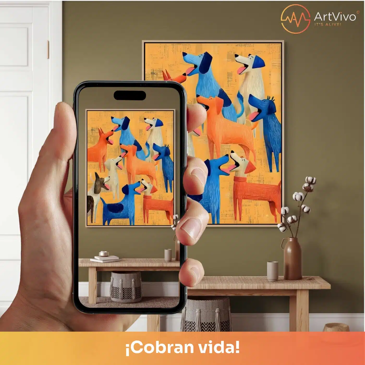 Cuadro decorativo animado La Pandilla: perros azules y naranjas en estilo pop art, quieto en la pared y cobrando vida en el celular con el QR