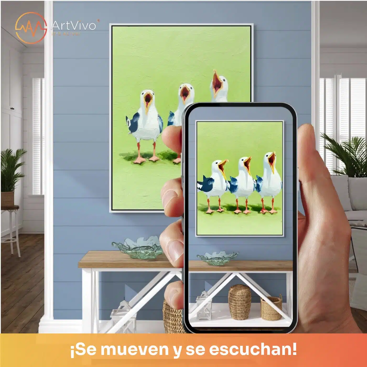 Cuadro decorativo animado Los Tres Tenores: tres aves cantando sobre fondo verde, quieto en la pared y cobrando vida en el celular con el QR