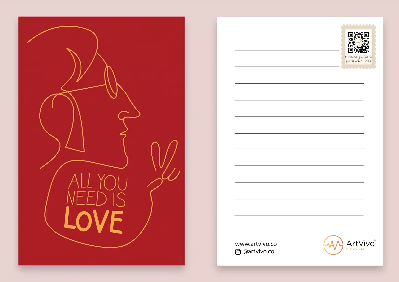 Postal animada All You Need Is Love: frente y reverso con código QR