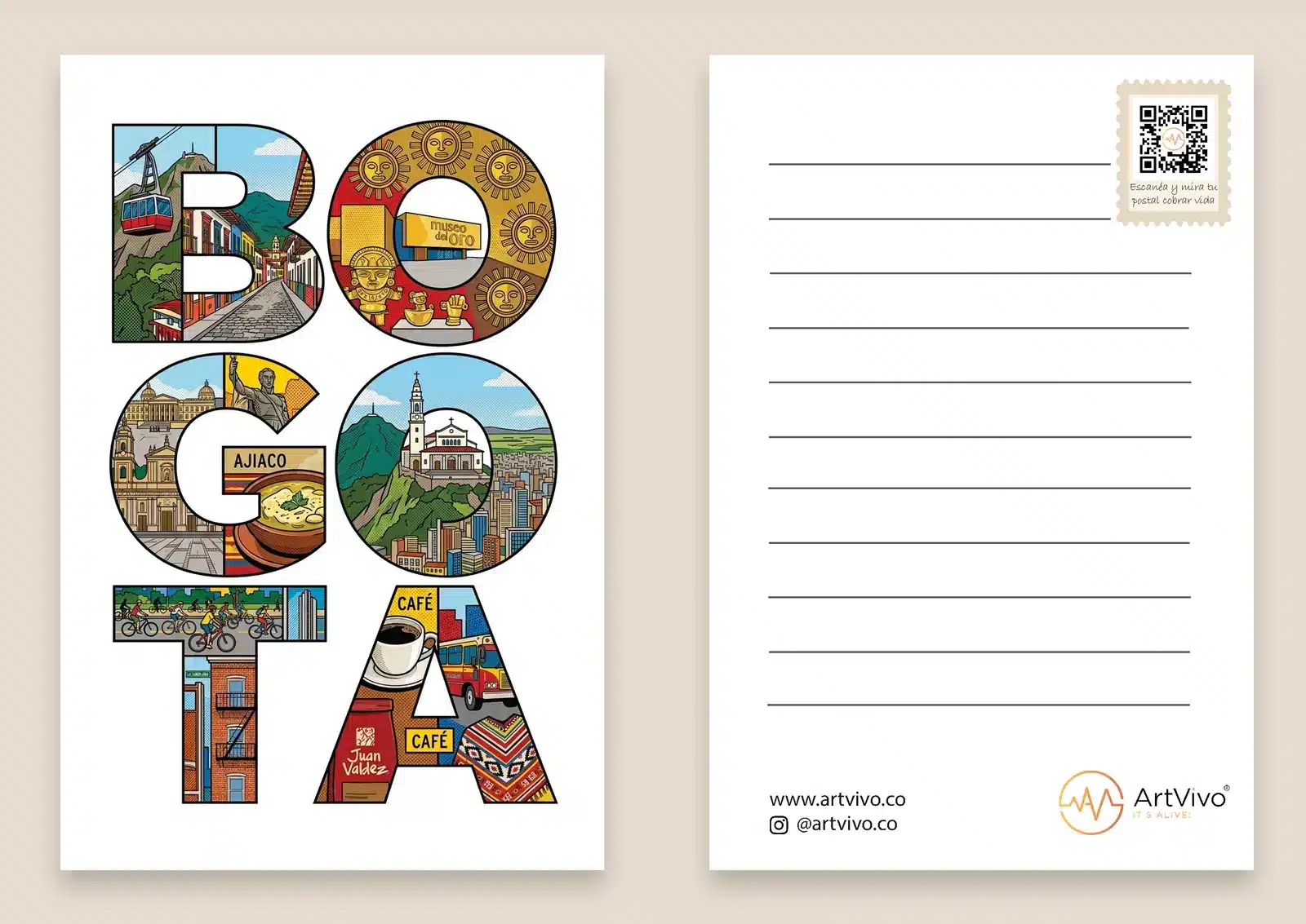 Postal animada Bogotá: frente y reverso con código QR