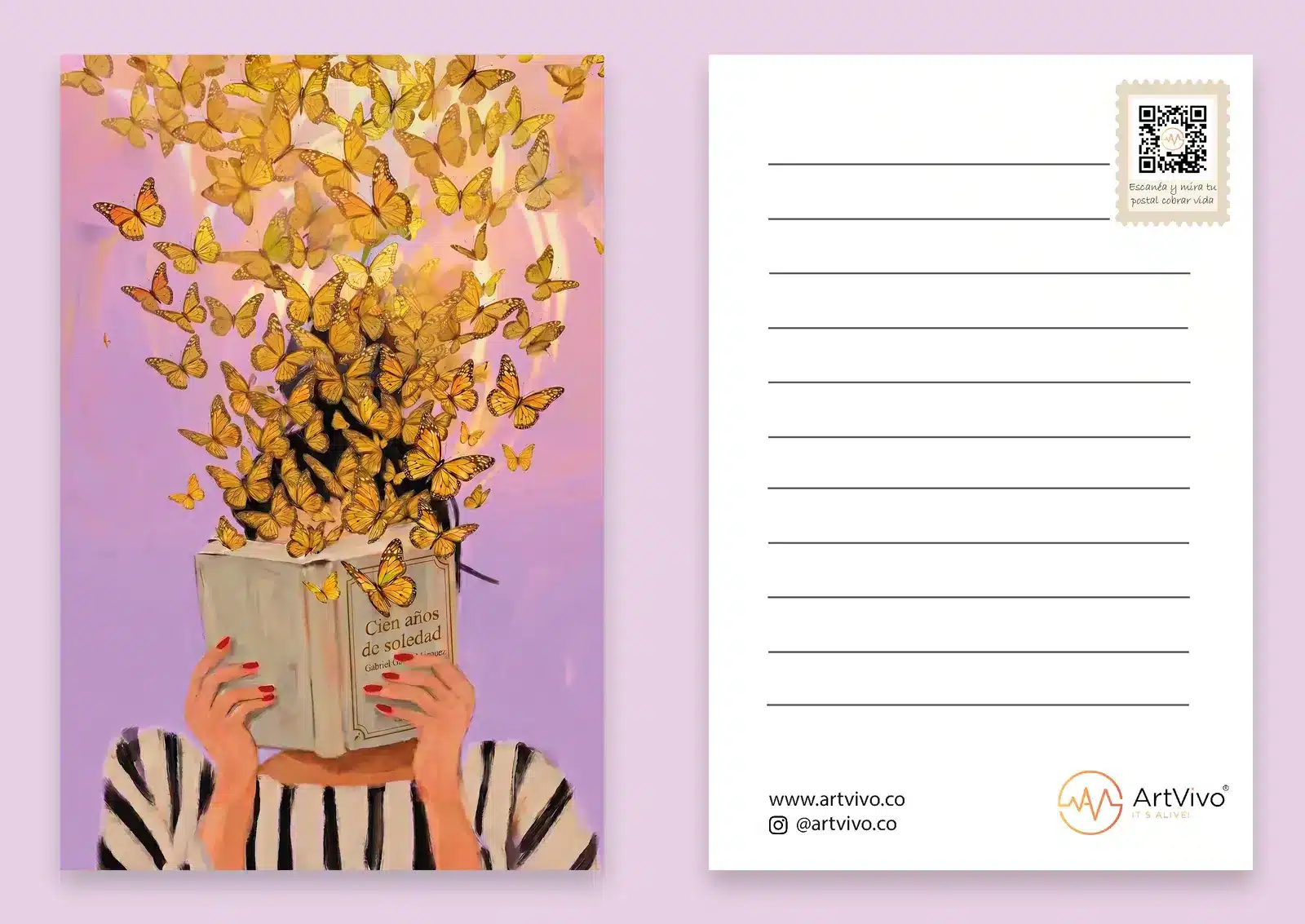 Postal animada Cien Años de Soledad: frente y reverso con código QR