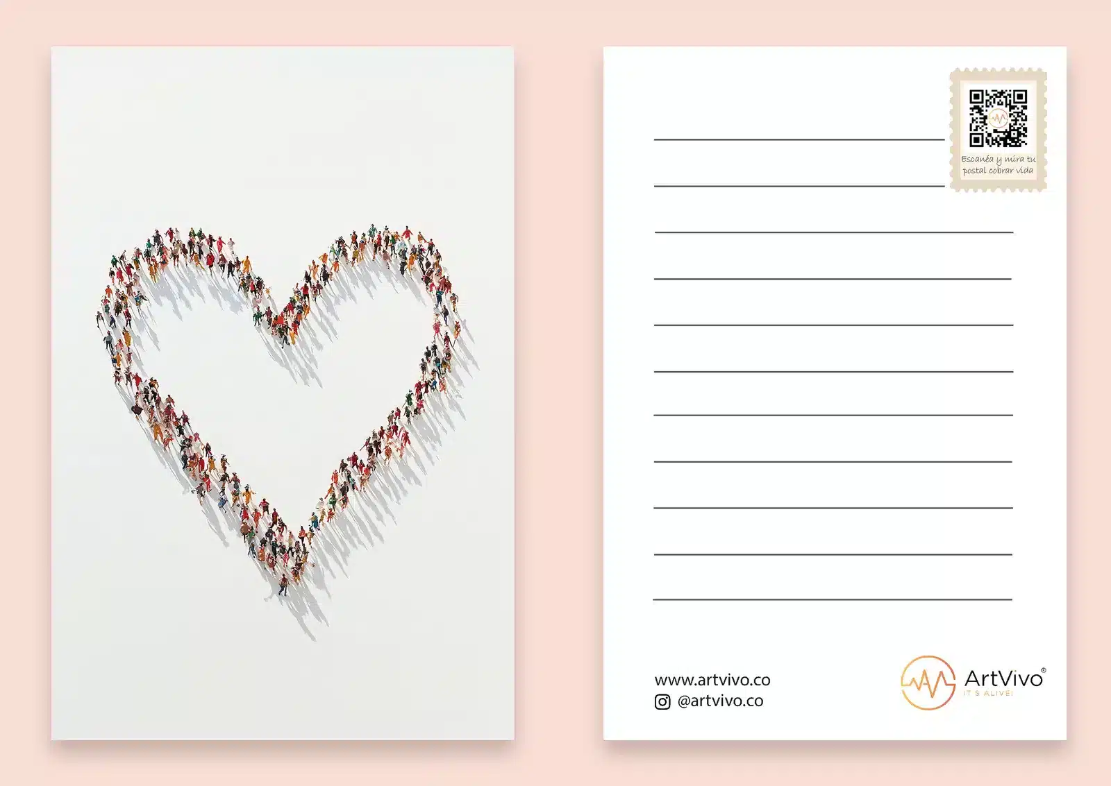 Postal animada Corazón de Todos: frente y reverso con código QR