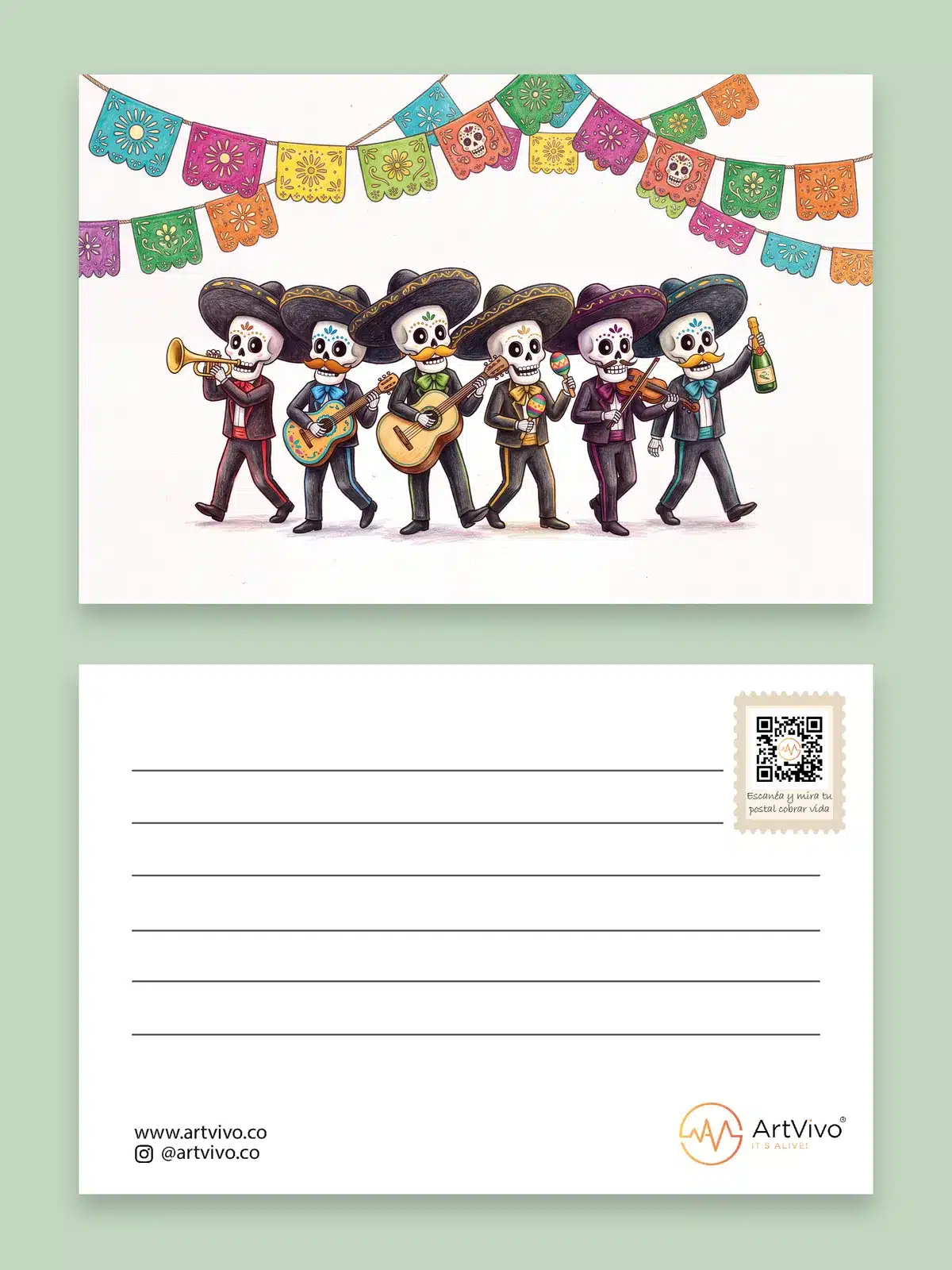 Postal animada Mariachis: frente y reverso con código QR