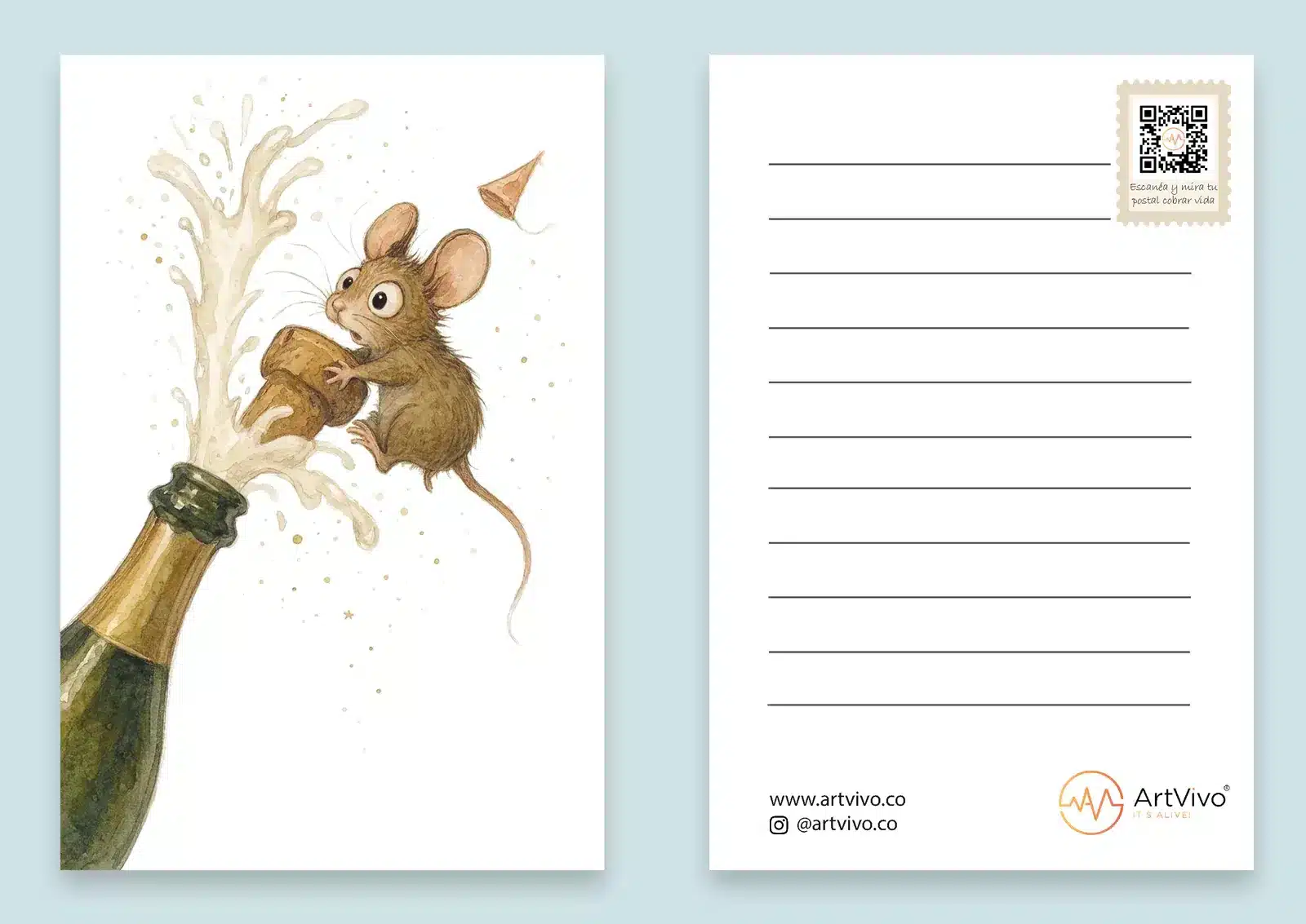 Postal animada Ratoncito de Celebración: frente y reverso con código QR