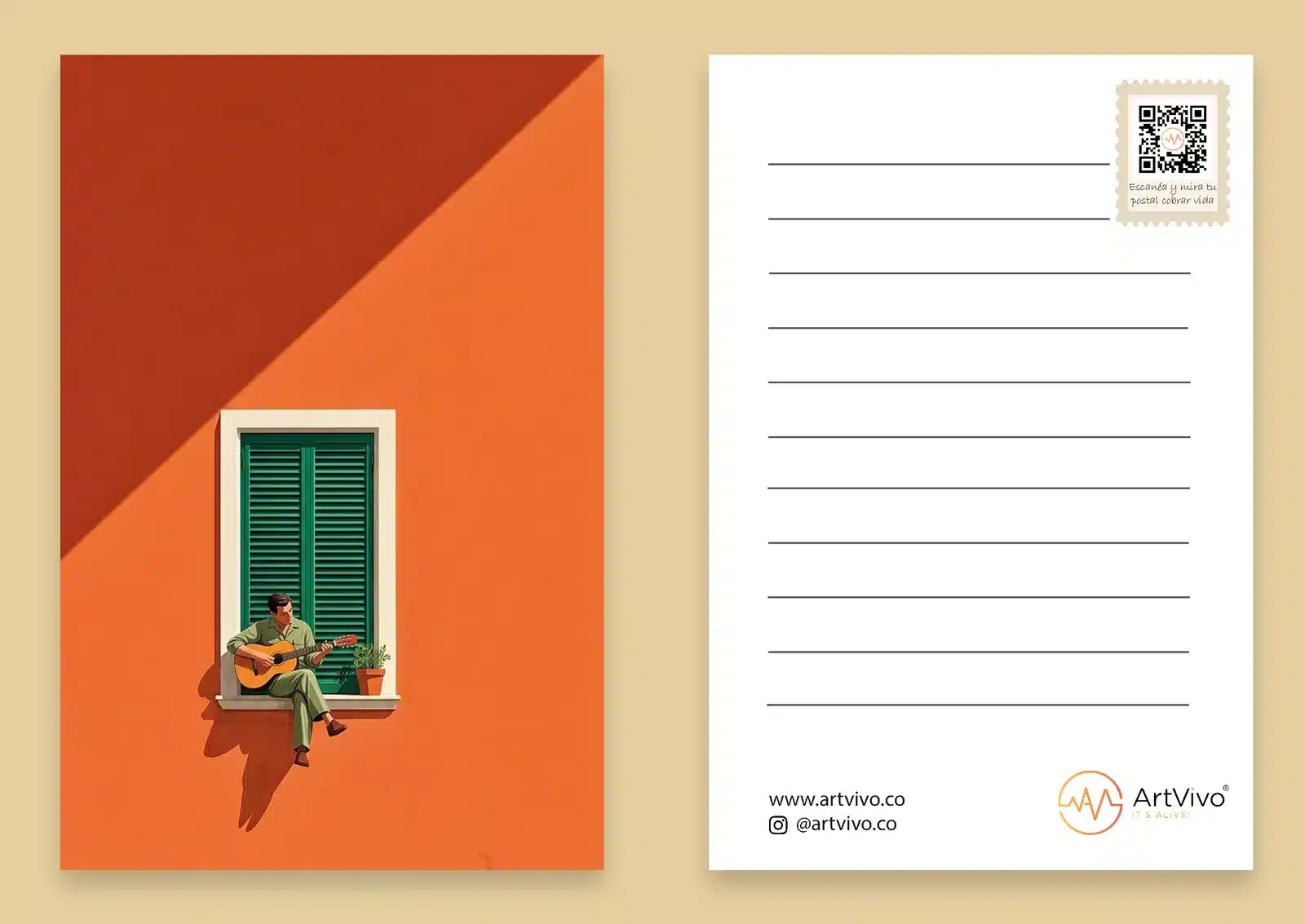 Postal animada Garota de Ipanema: frente y reverso con código QR
