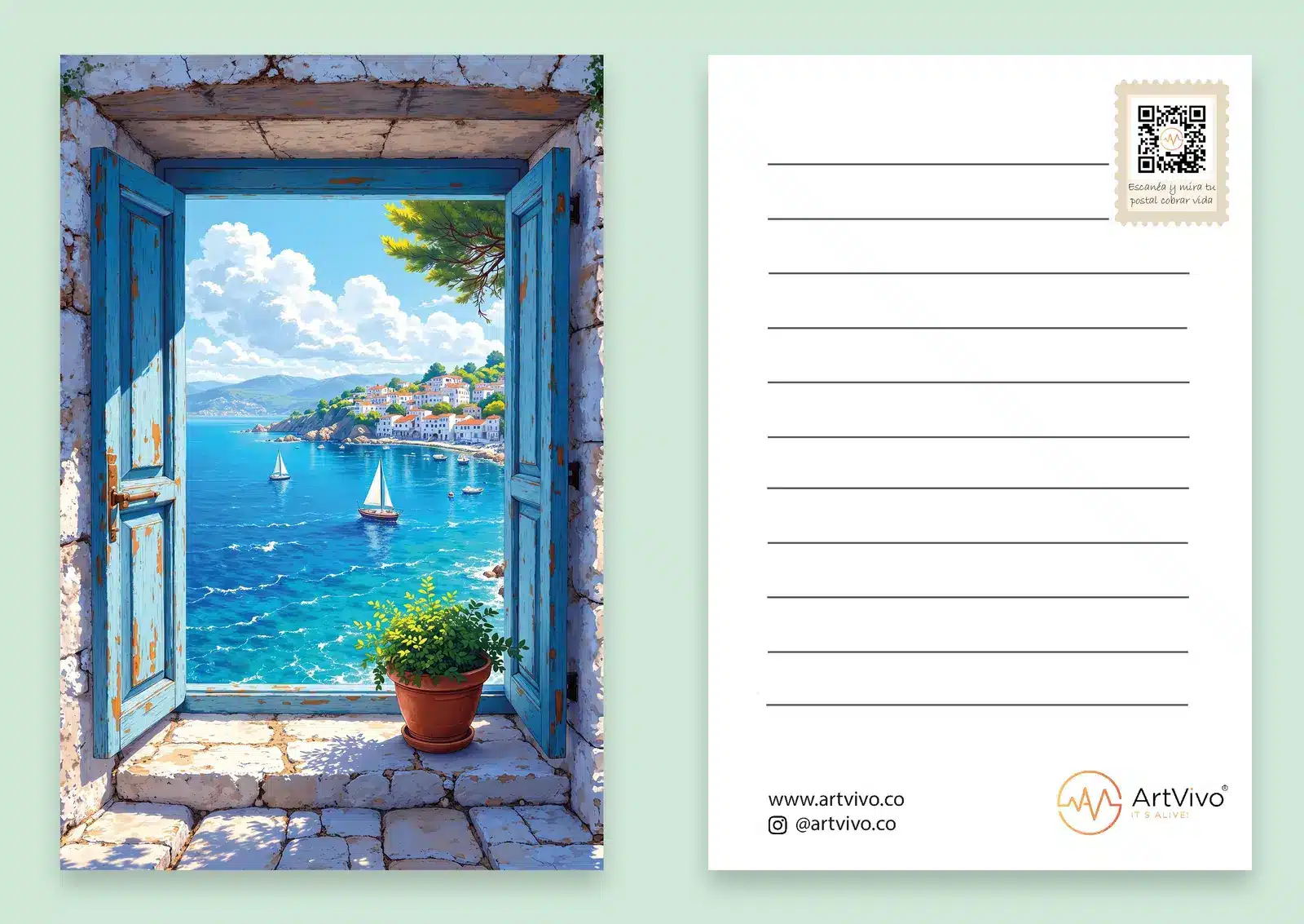 Postal animada Mediterráneo: frente y reverso con código QR