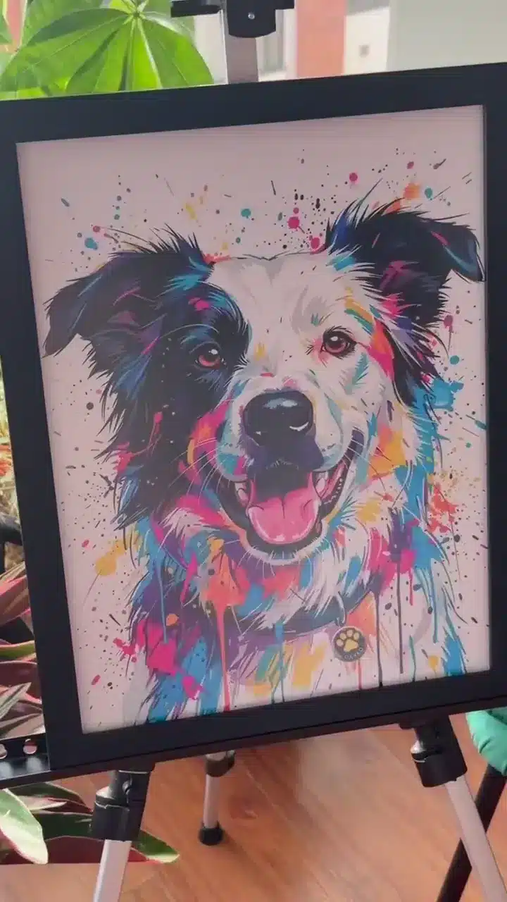 Persona sosteniendo un cuadro personalizado de un perro border collie en estilo pop art