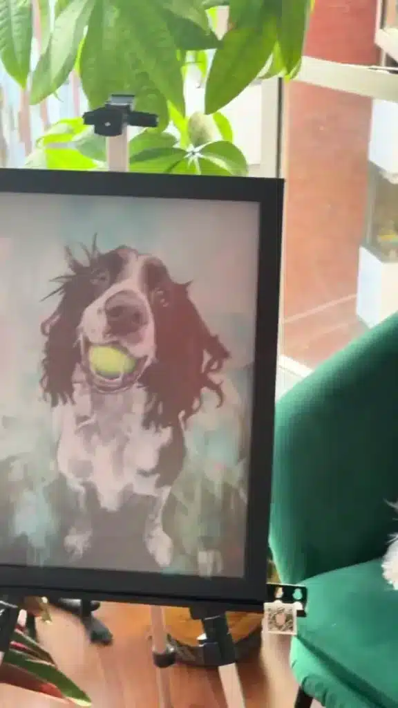 Cuadro personalizado de un perro spaniel con una pelota, animado con realidad aumentada