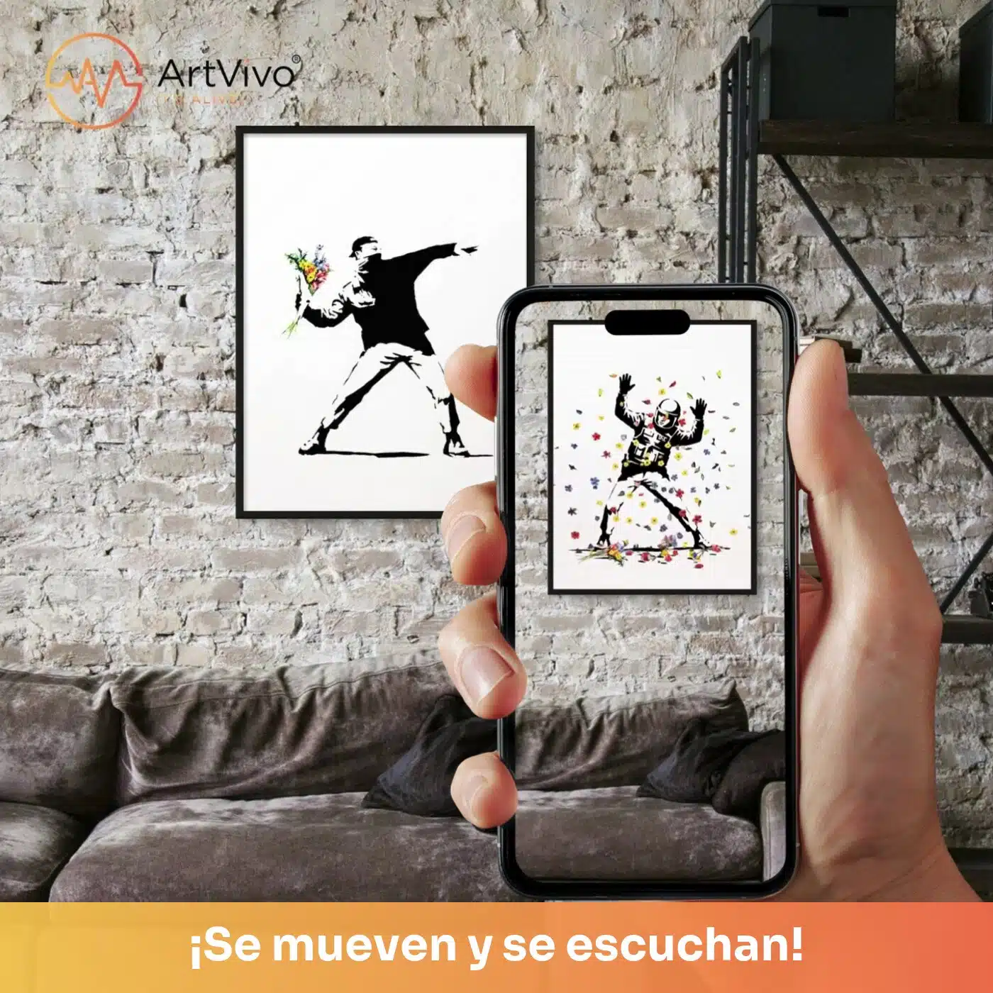 Cuadro decorativo animado Protesta Social: lanzador de flores en arte urbano, quieto en la pared y cobrando vida en el celular con el QR