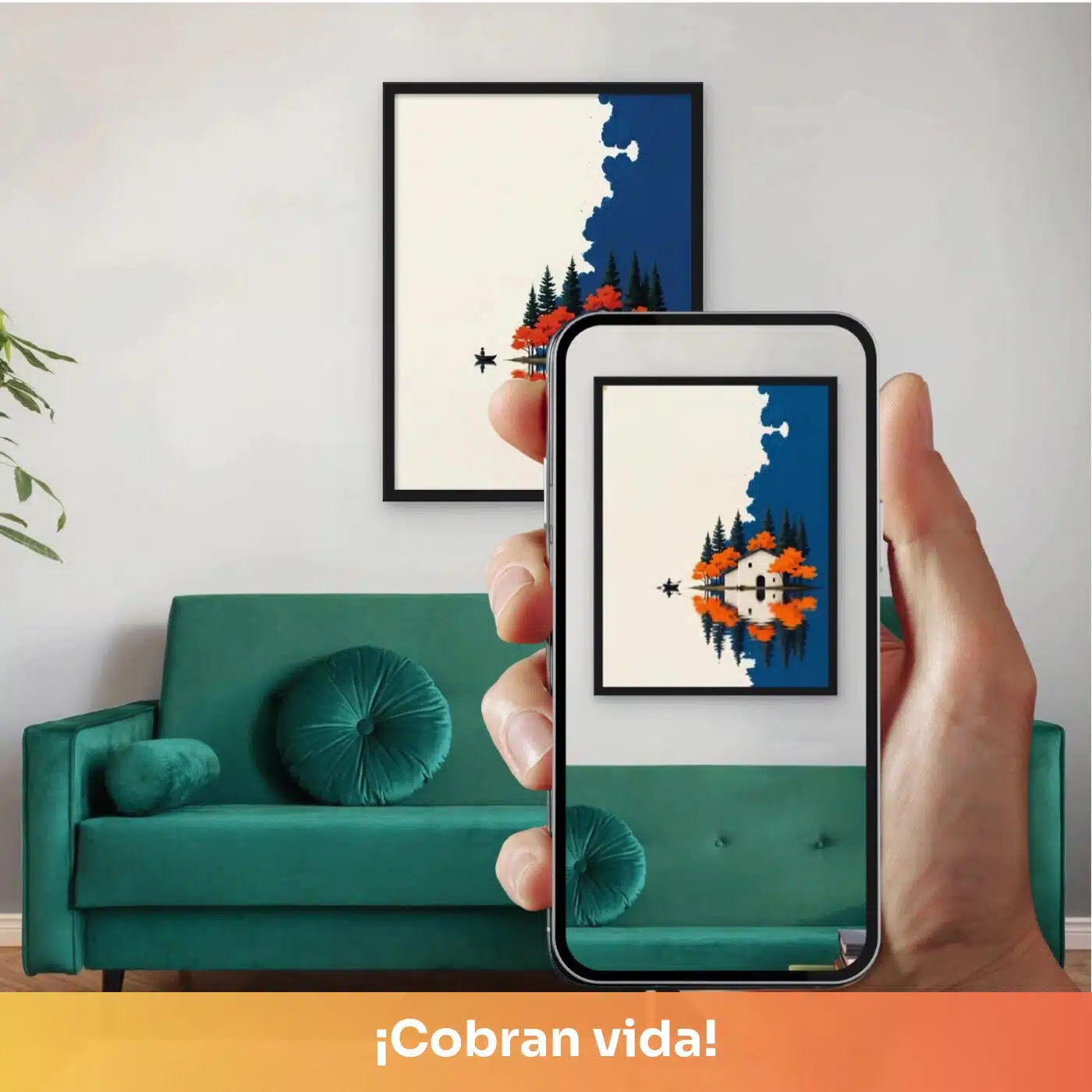 Cuadro decorativo animado Reflejo: paisaje minimalista de montaña y lago en tonos azules, quieto en la pared y cobrando vida en el celular con el QR