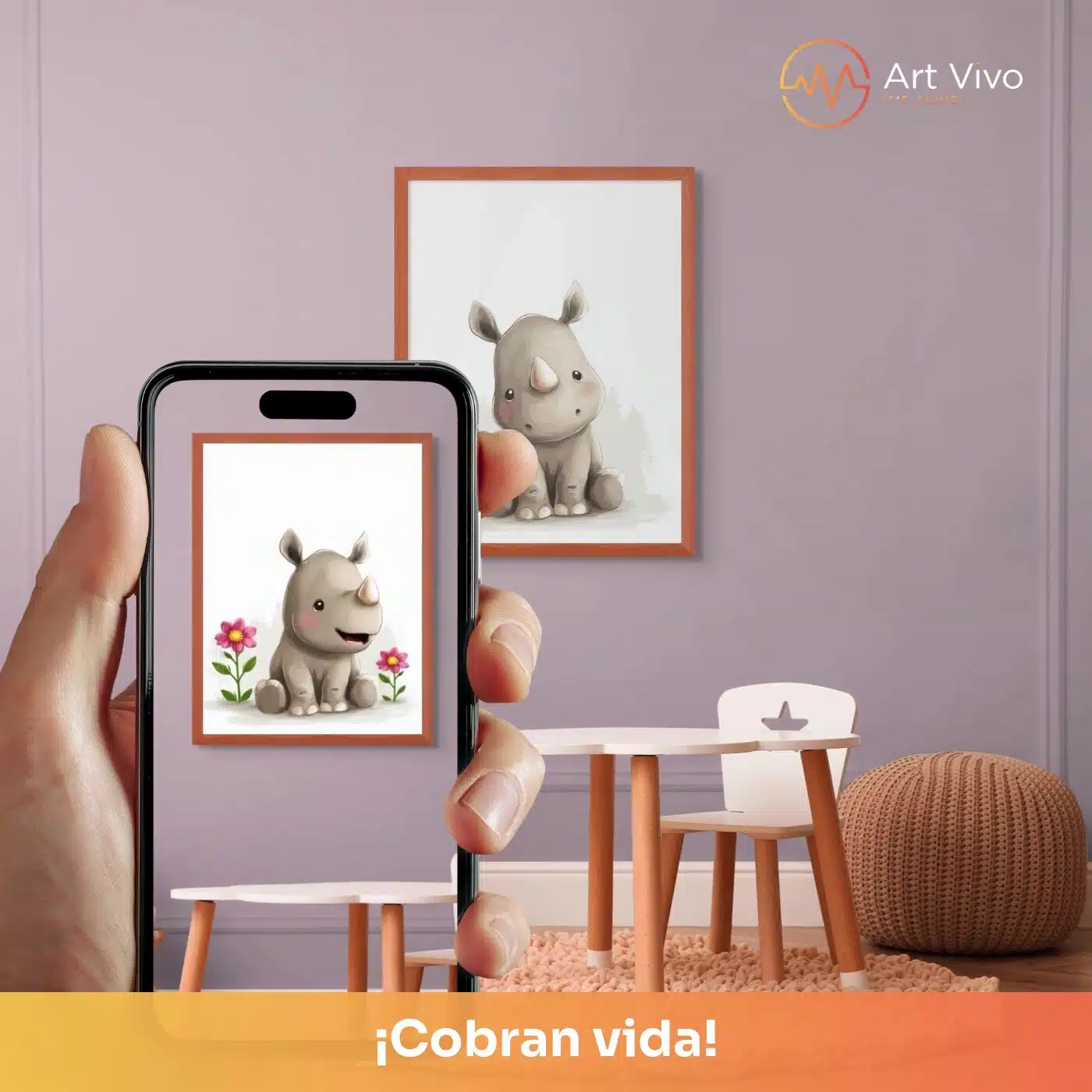 Cuadro decorativo animado Rinocéntico: rinoceronte bebé ilustrado para cuarto de niños, quieto en la pared y cobrando vida en el celular con el QR