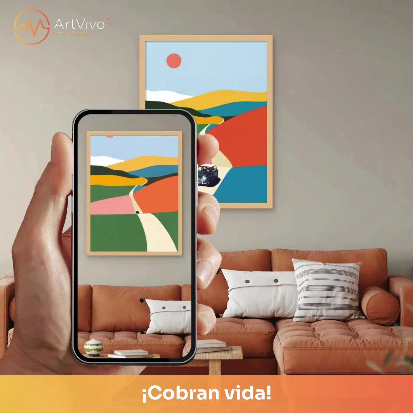 Cuadro decorativo animado Road Trip: camino entre colinas de colores, ilustración minimalista retro, quieto en la pared y cobrando vida en el celular con el QR