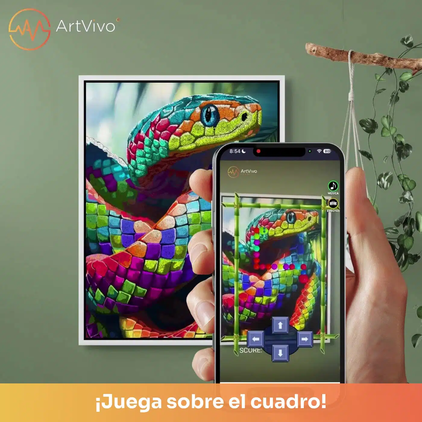 Snake Pointillism: cuadro decorativo interactivo con juego en el celular, ArtVivo