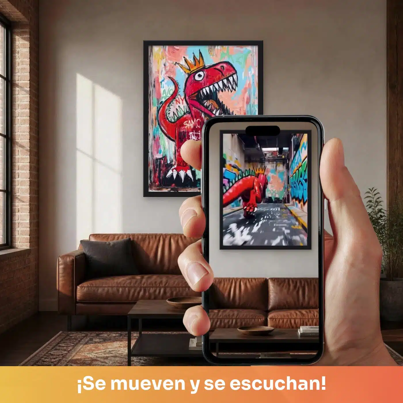 Cuadro decorativo animado Street Rex: T-Rex rojo con corona en estilo grafiti urbano, quieto en la pared y cobrando vida en el celular con el QR