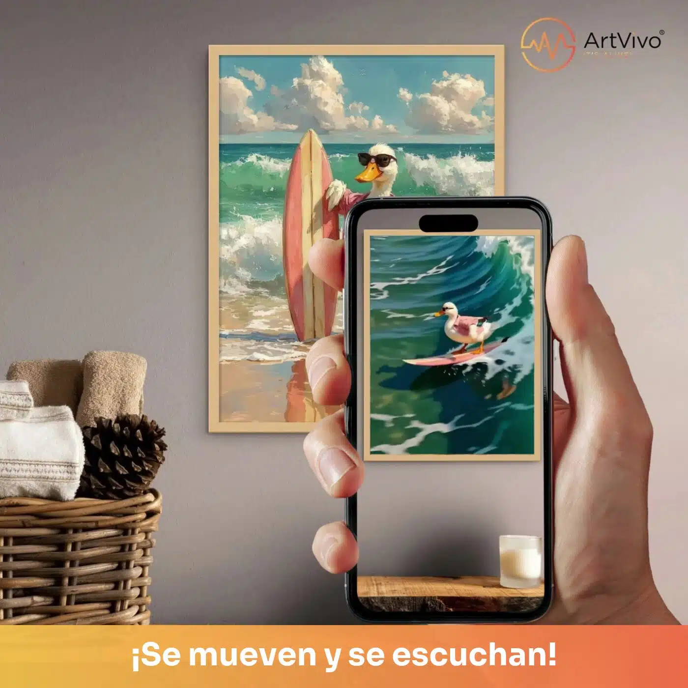 Cuadro decorativo animado Surf Duck: pato surfeando una ola con tabla de surf, quieto en la pared y cobrando vida en el celular con el QR