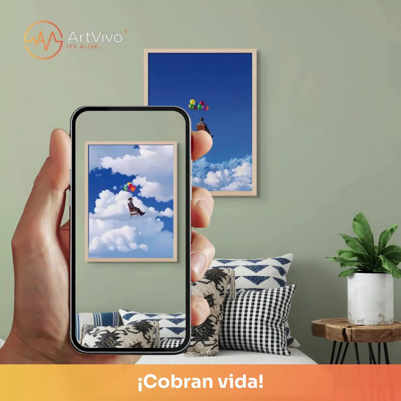 Cuadro decorativo animado Surreal UP: figura flotando entre nubes en un cielo azul surrealista, quieto en la pared y cobrando vida en el celular con el QR