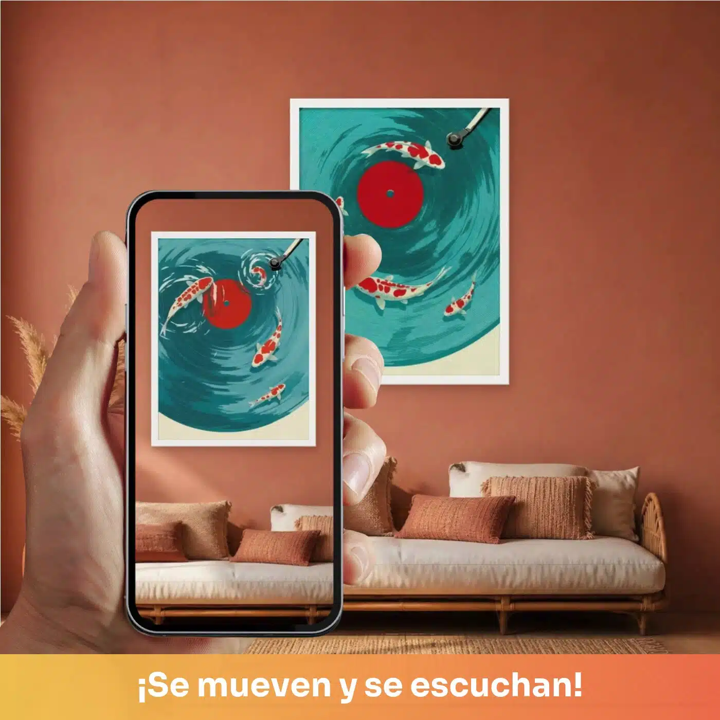 Cuadro decorativo animado Swimming Disco: carpas koi alrededor de un disco de vinilo rojo sobre fondo turquesa, quieto en la pared y cobrando vida en el celular con el QR