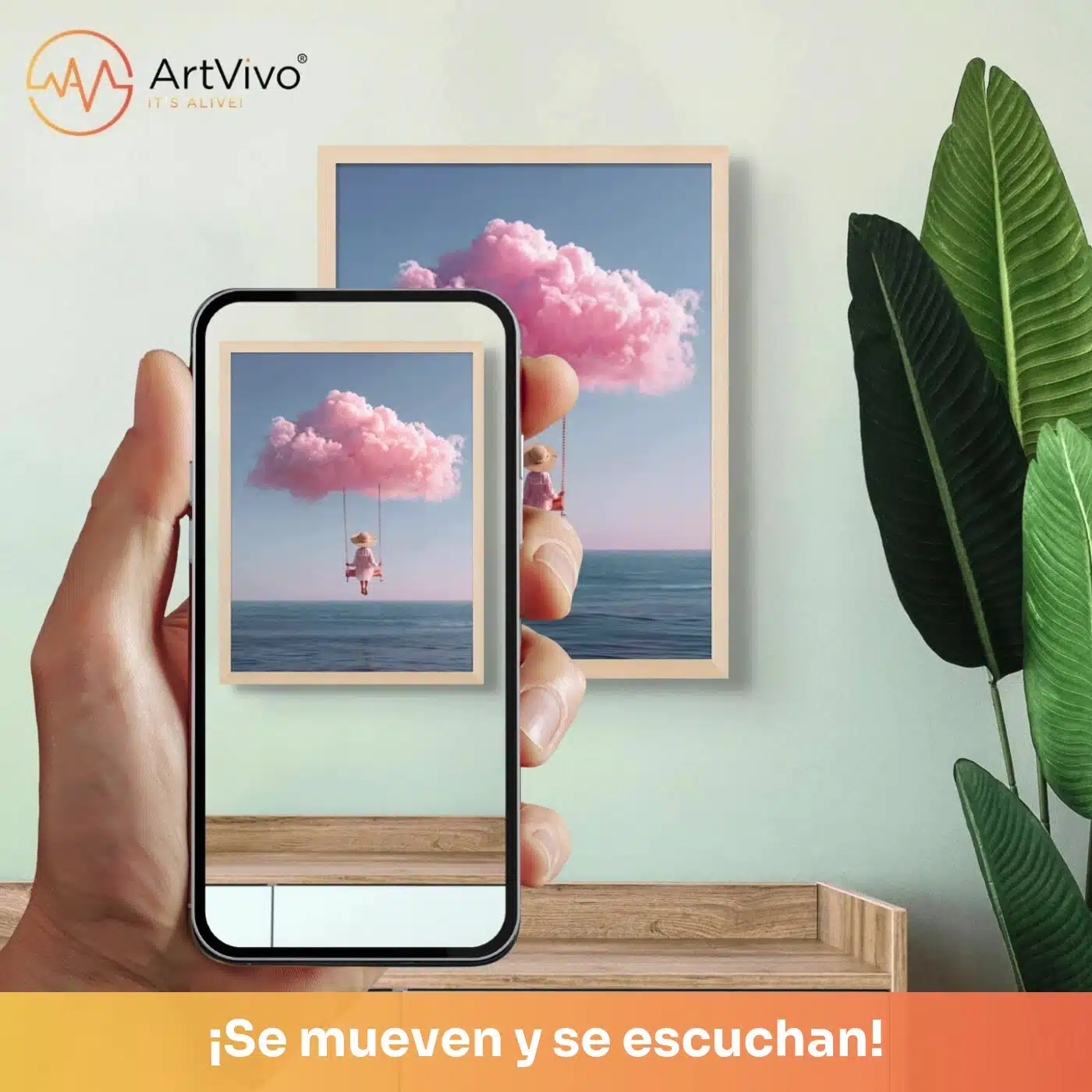 Cuadro decorativo animado Swing: nube rosada en un columpio sobre el mar, quieto en la pared y cobrando vida en el celular con el QR