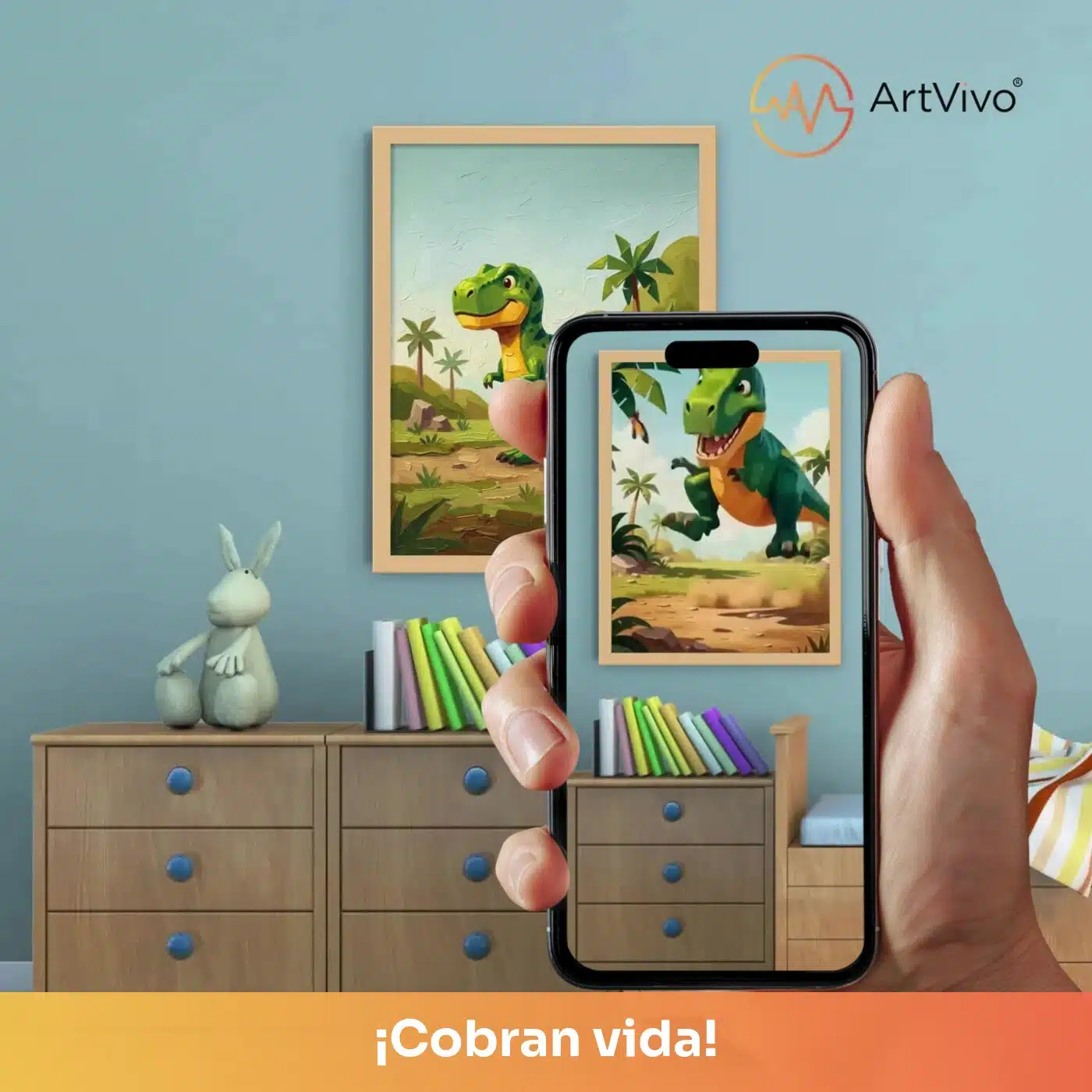 Cuadro decorativo animado T-Rex: dinosaurio T-Rex verde ilustrado en un paisaje tropical, quieto en la pared y cobrando vida en el celular con el QR
