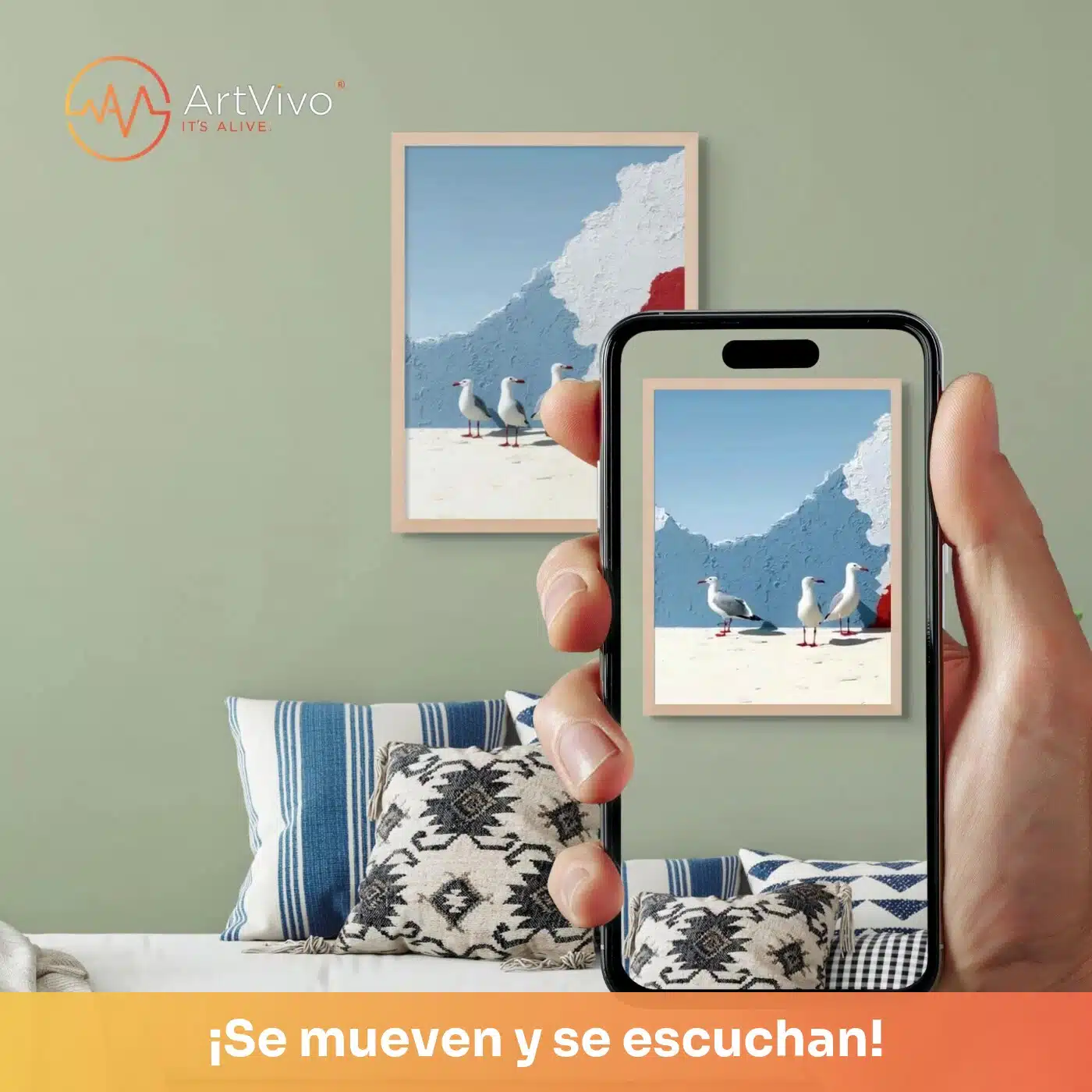 Cuadro decorativo animado Tarde en la Costa: gaviotas y veleros en una costa minimalista azul y blanca, quieto en la pared y cobrando vida en el celular con el QR