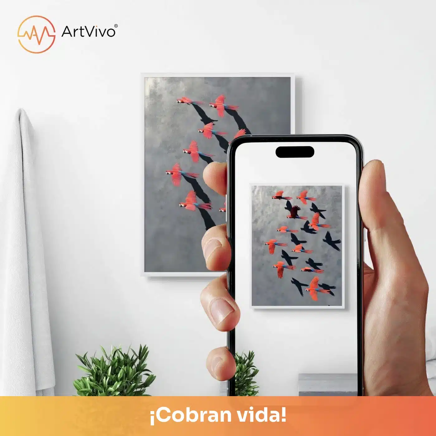 Cuadro decorativo animado Vuelo Tropical: bandada de aves rojas en vuelo sobre fondo gris azulado, quieto en la pared y cobrando vida en el celular con el QR